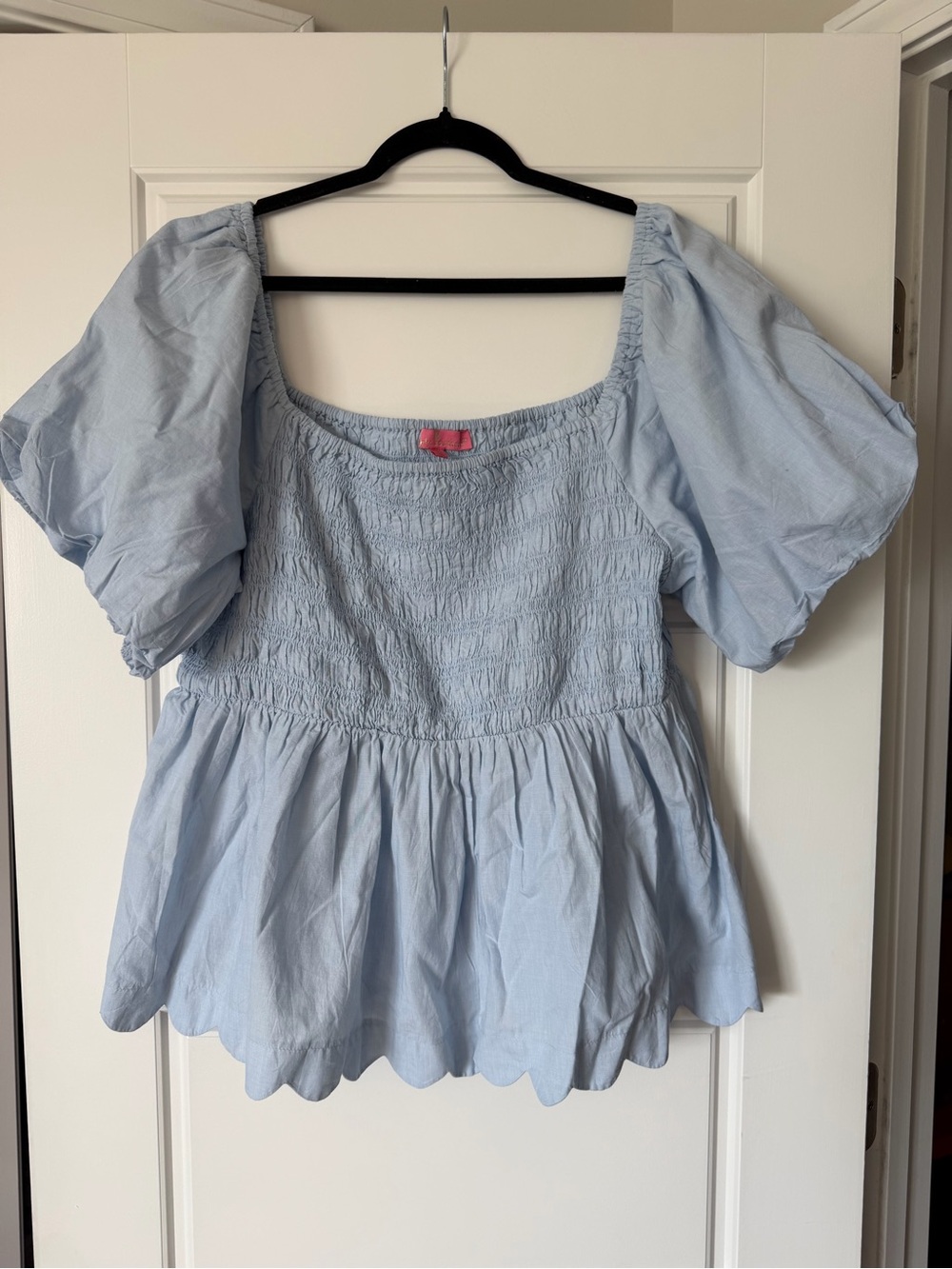 Simply Southern Light Blue Smocked Peplum Top with Puff Sleeves